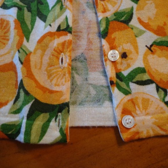 NWOT Garnet Hill Signature Merino Cardigan S Oranges Print Button Down - Picture 5 of 9